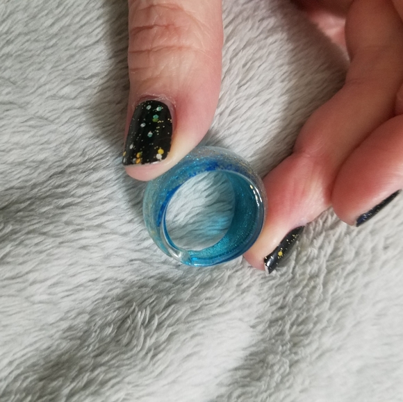Aqua Blue Glass Ring with Gold Flecks, Size 7 - Picture 7 of 8